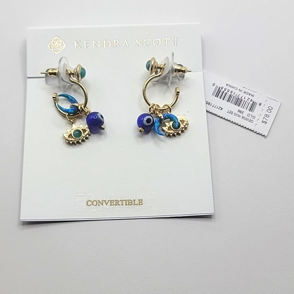 NWT KENDRA SCOTT GEMMA TEAL LABRADORITE 3 STRAND NECKLACE & HUGGIE EARRINGS SET - Picture 5 of 10